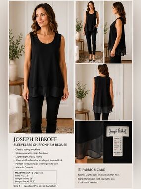 Joseph Ribkoff Sleeveless Black Tunic Top Layered Chiffon Hem Designer SZ 8